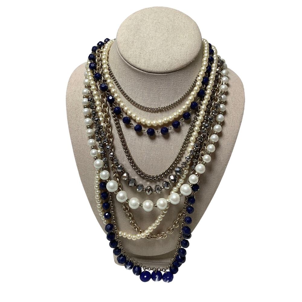 Ann Taylor Gold Blue Crystal Layered Chain Faux Pearl Statement Necklace E1-2